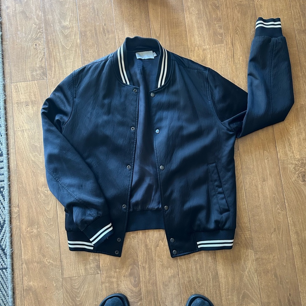 Vince Black Bomber Varsity Jacket with Ribbed Details